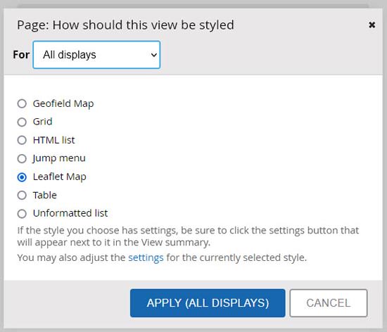 Selecting the Leaflet Map format for the new view