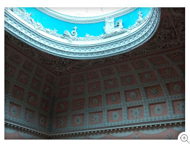9/13 Claydon House, stairwell skylight ringed with nautically-themed wood carvings, supported on deep plaster coffering