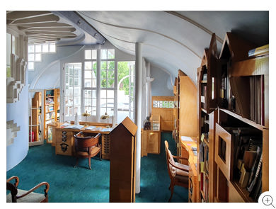 17/26 Cosmic House - the architectural library, showing the tent-shaped ceiling