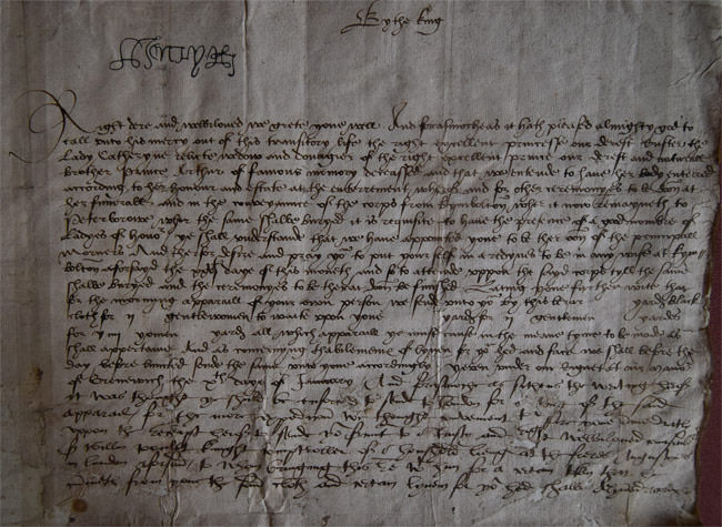 18/20 King Henry VIII letter to Lady Bedingfeld about the Burial of his Wife Catherine of Arragon, 1536