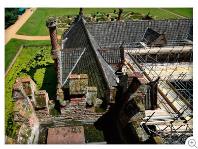8/20 Scaffold under a forest of chimneys and the parterre to the east of Oxburgh Hall, viewed from the Gatehouse tower